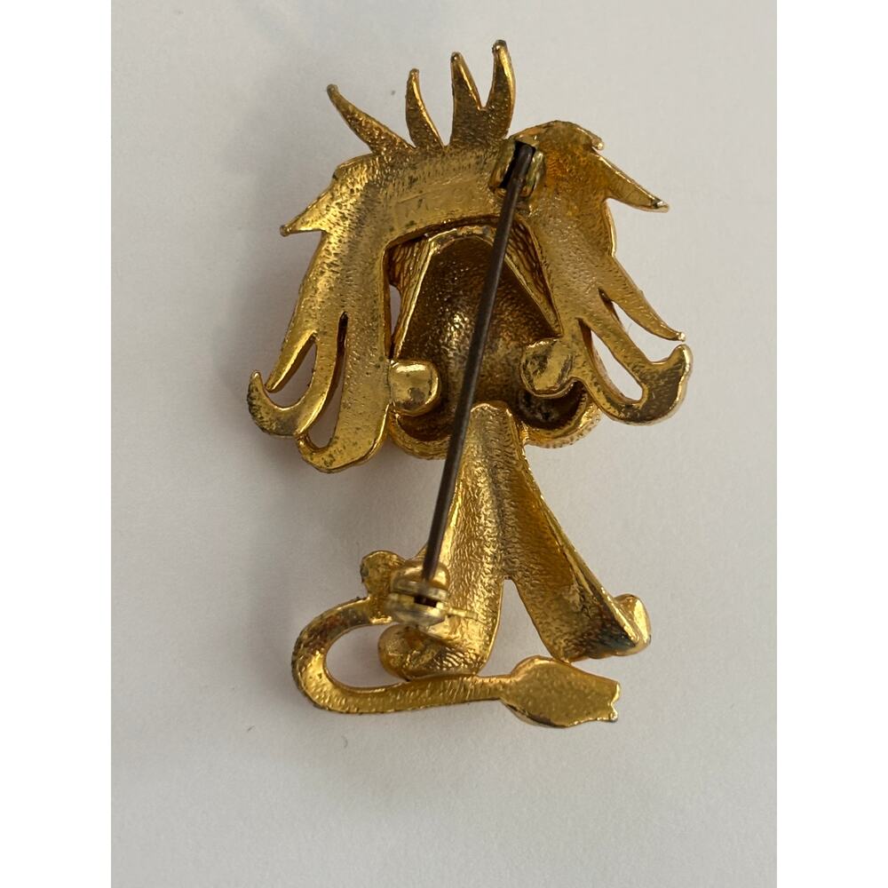 Sphinx Gold Tone Enamel Rhinestone Shaggy Lion Brooch, Numbered A1391 Very Good - Picture 3 of 4